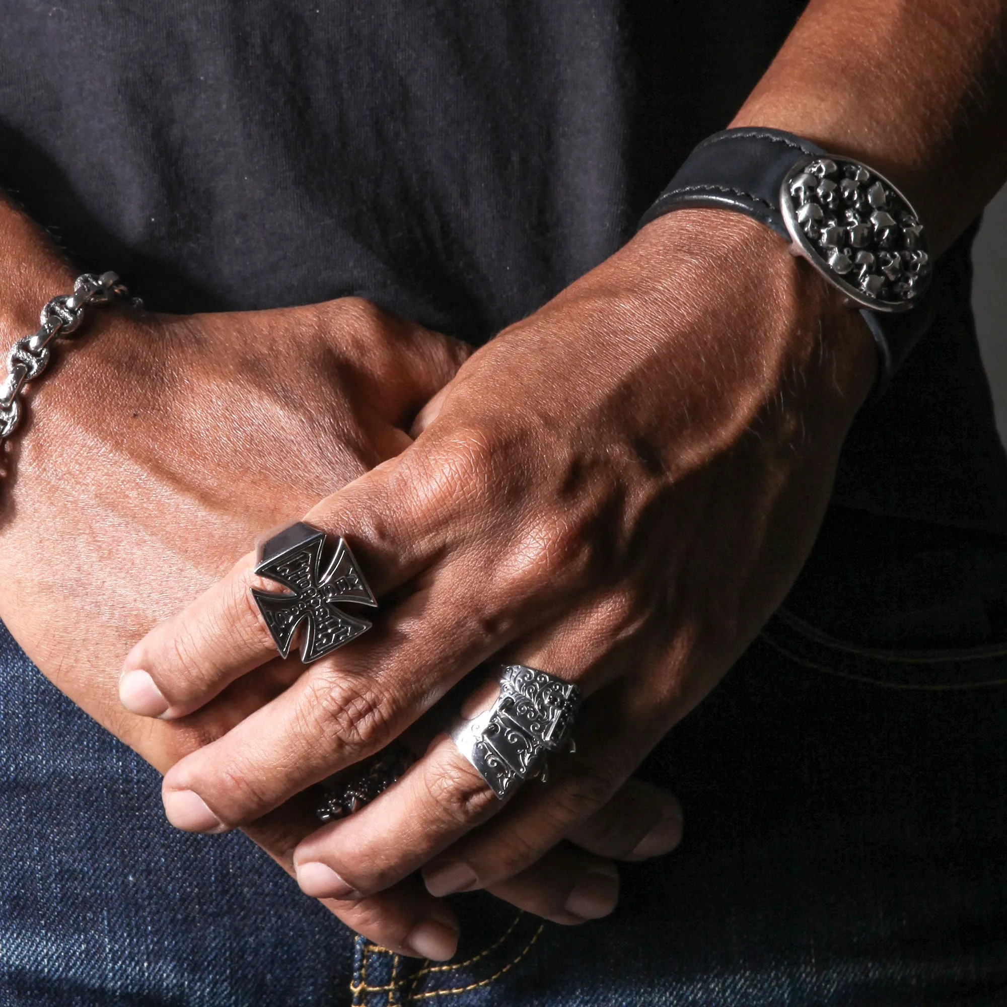 Skull Sterling Silver Genuine Leather Biker Bracelet