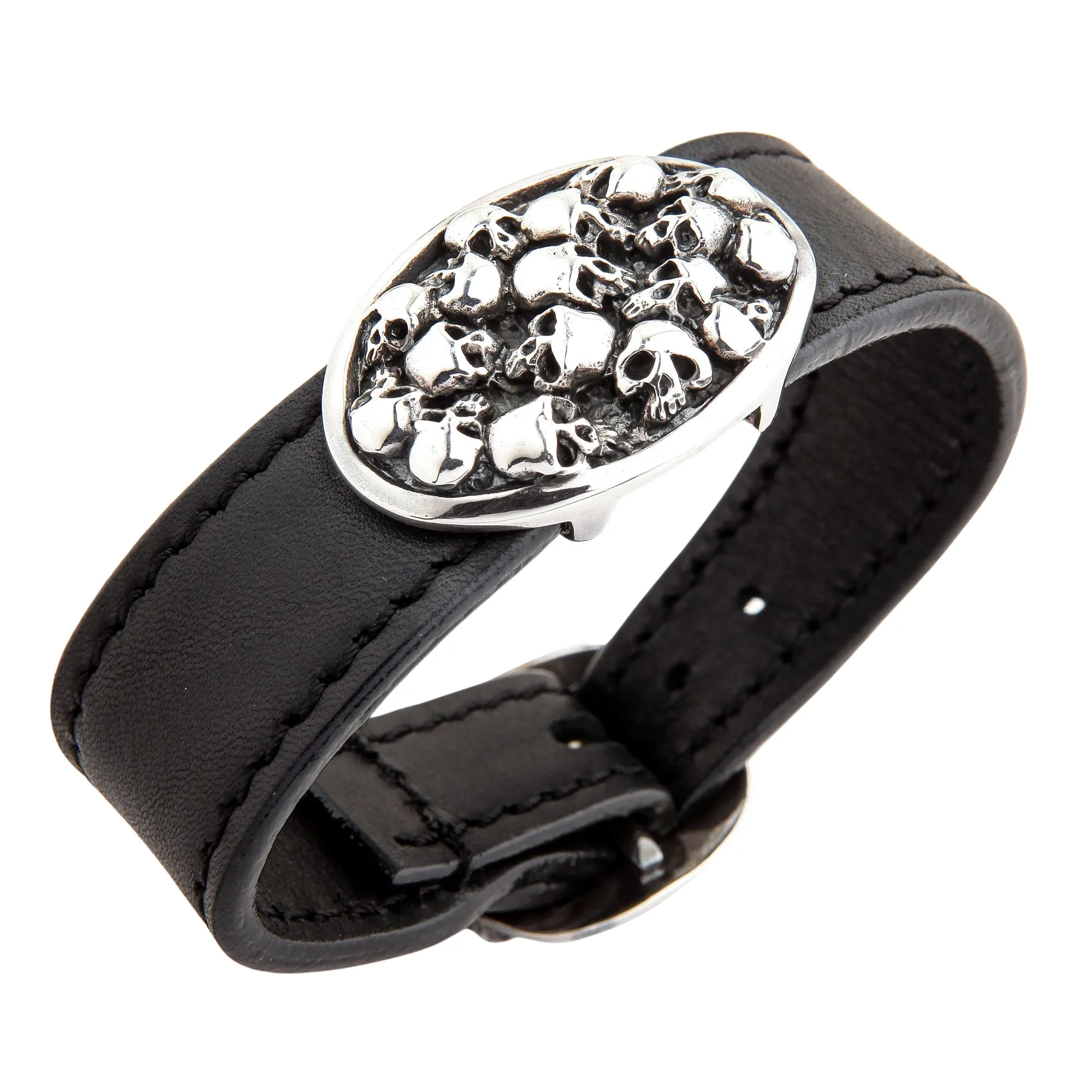 Skull Sterling Silver Genuine Leather Biker Bracelet