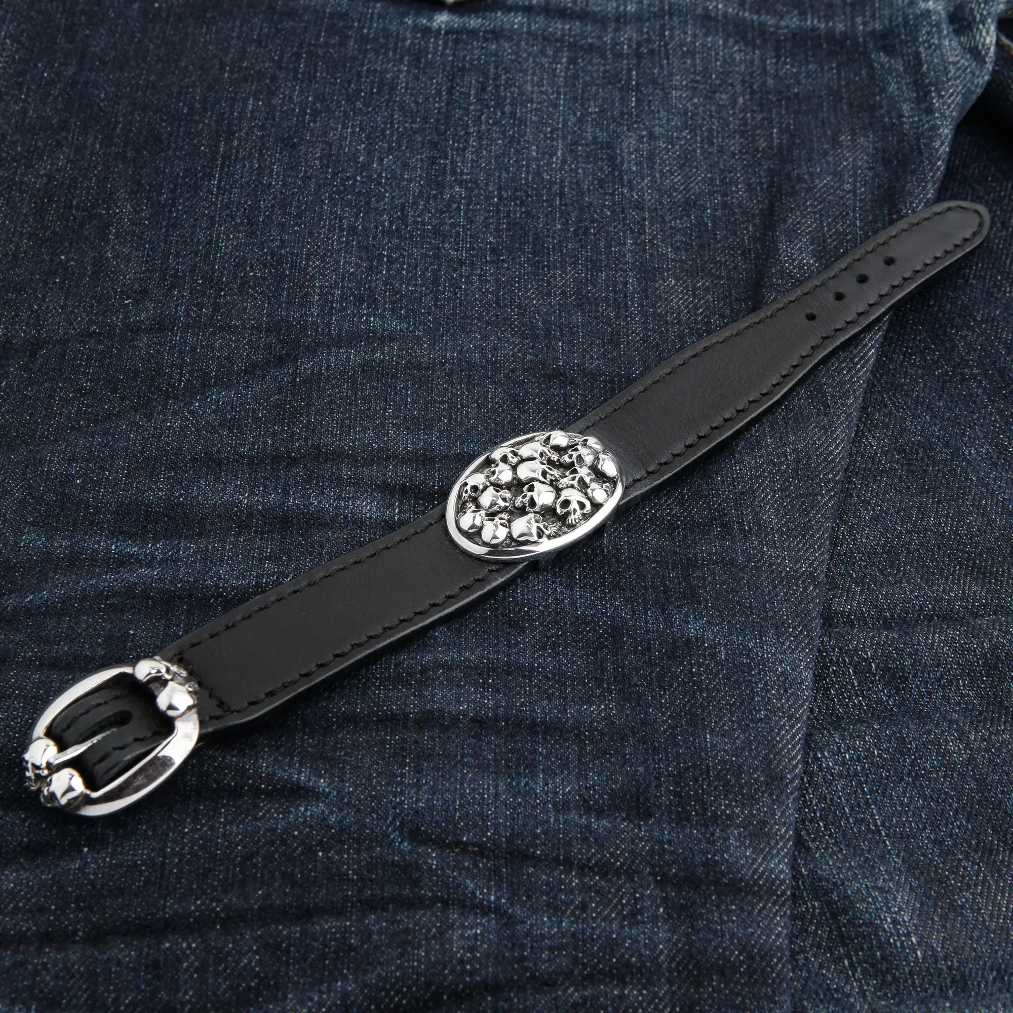 Skull Sterling Silver Genuine Leather Biker Bracelet