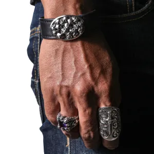 Skull Sterling Silver Genuine Leather Biker Bracelet