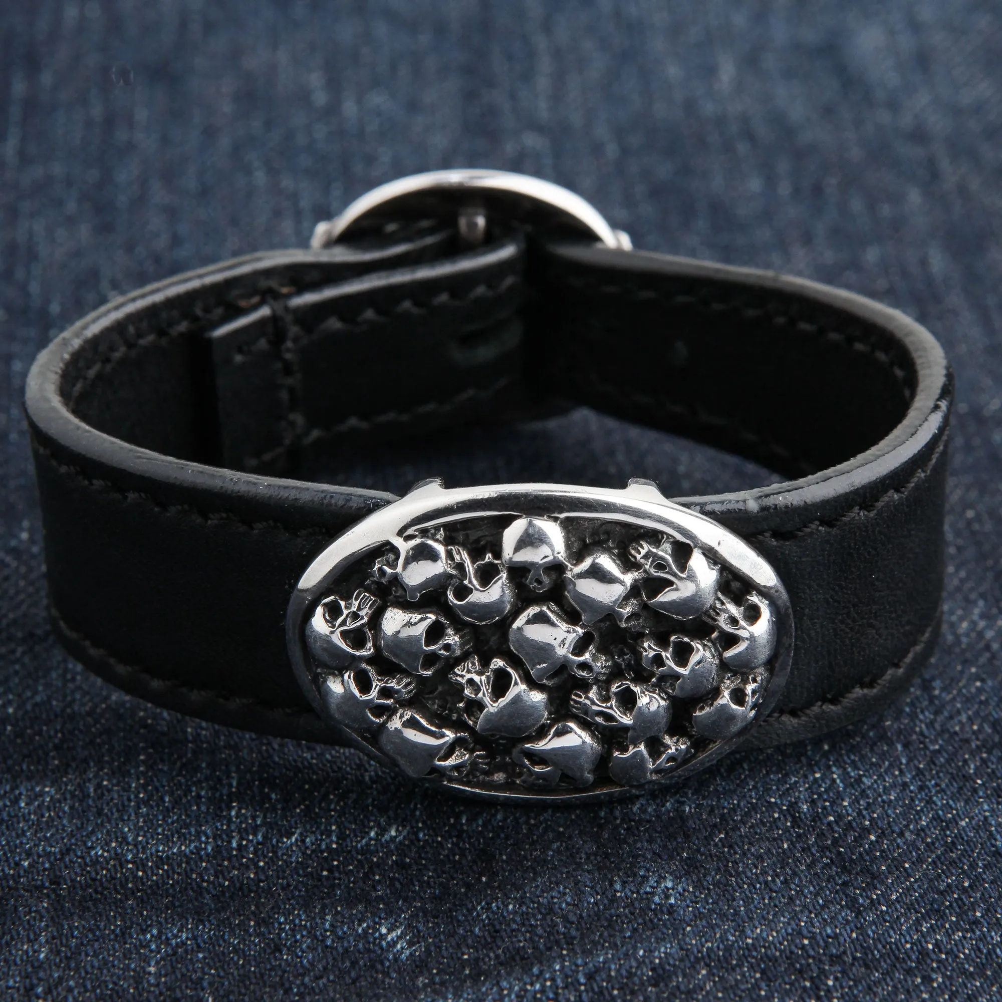 Skull Sterling Silver Genuine Leather Biker Bracelet