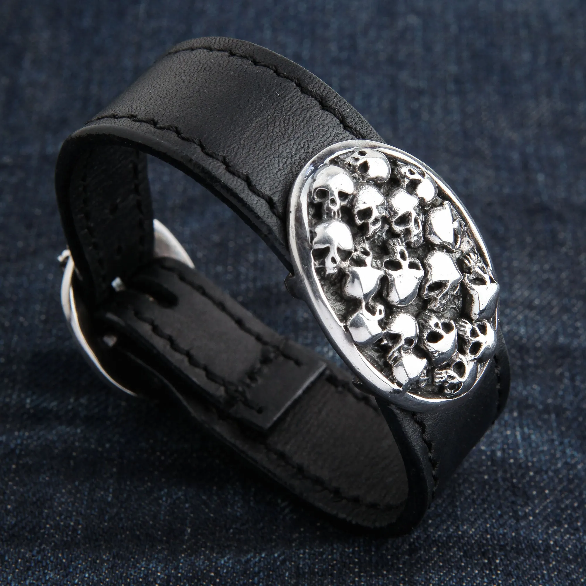 Skull Sterling Silver Genuine Leather Biker Bracelet
