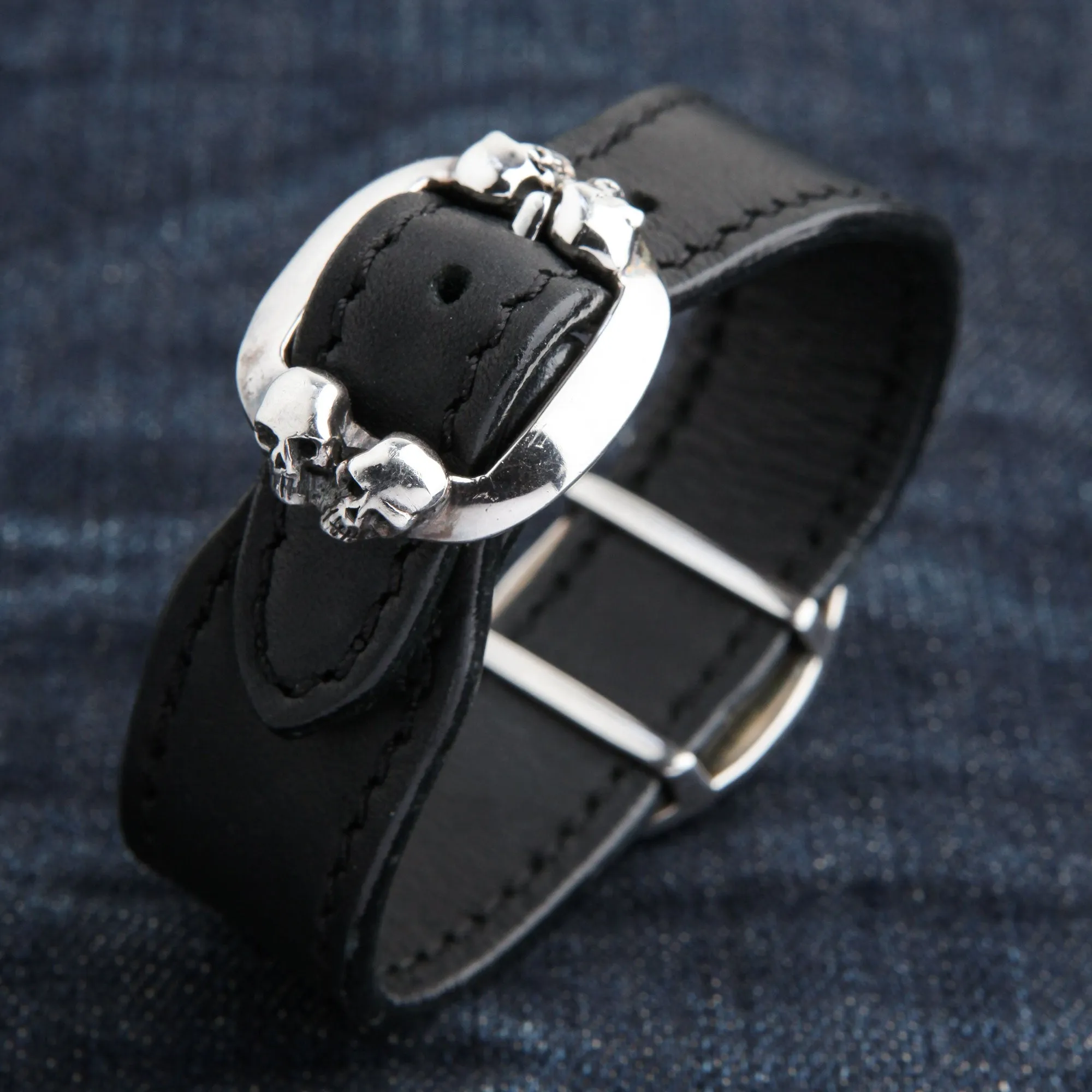 Skull Sterling Silver Genuine Leather Biker Bracelet