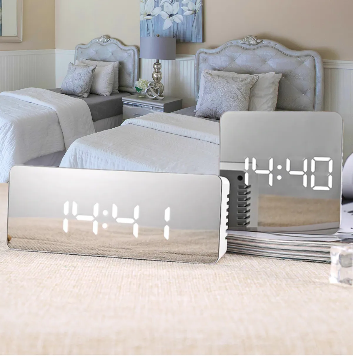 Sleek Portable Alarm Clock, Makeup Mirror and Thermometer
