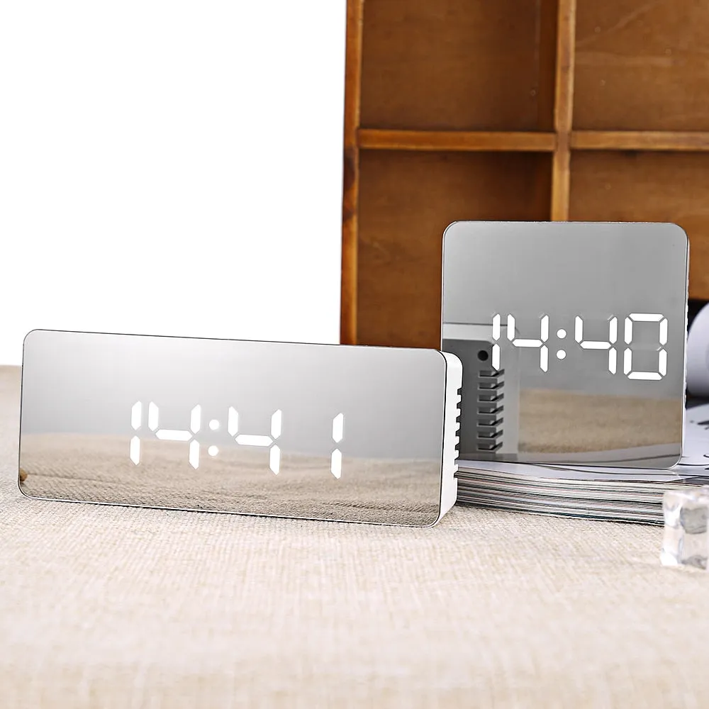 Sleek Portable Alarm Clock, Makeup Mirror and Thermometer