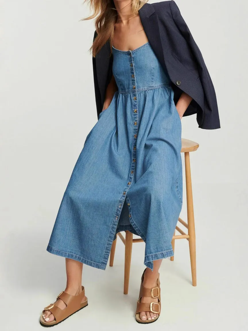 Spaghetti Strap Backless Denim Maxi Dress