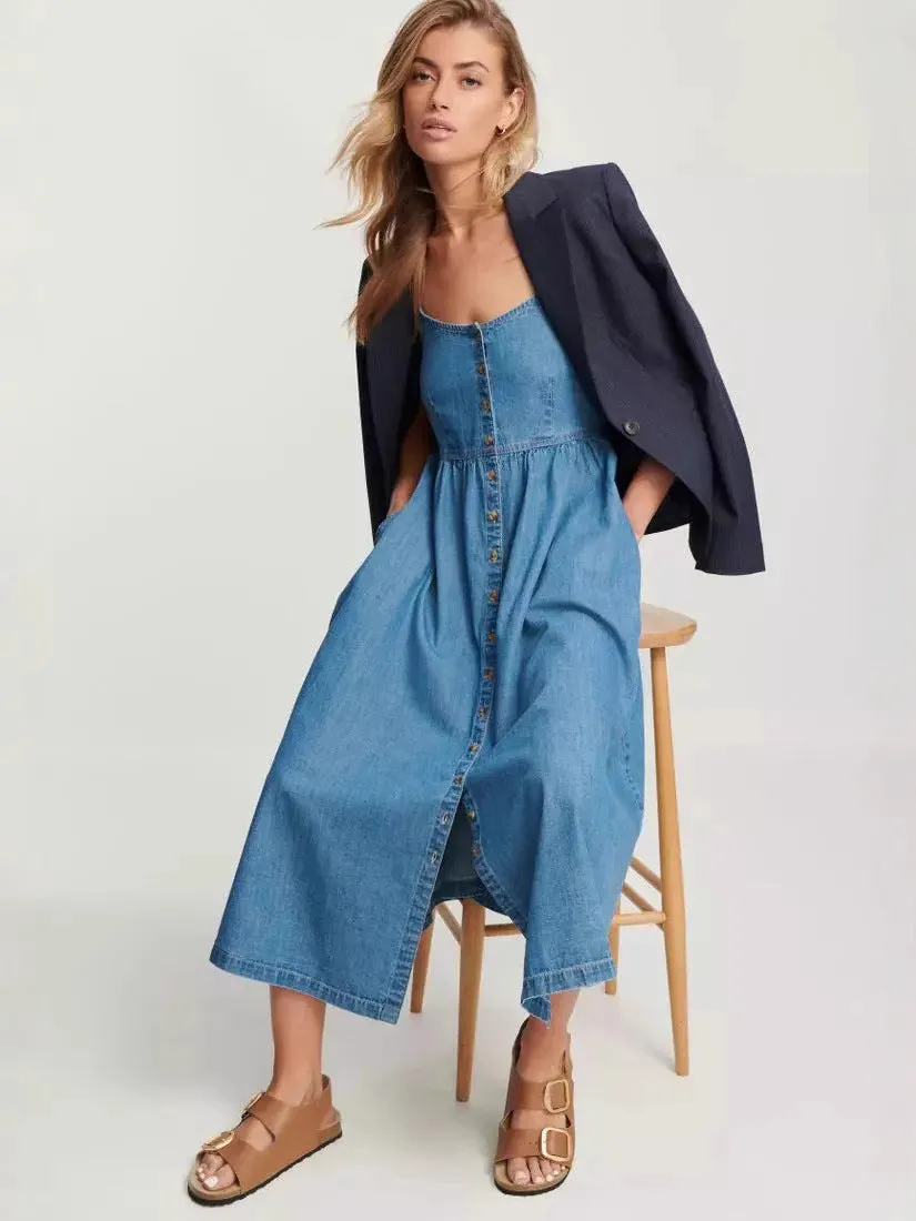 Spaghetti Strap Backless Denim Maxi Dress