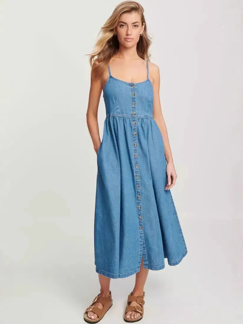 Spaghetti Strap Backless Denim Maxi Dress
