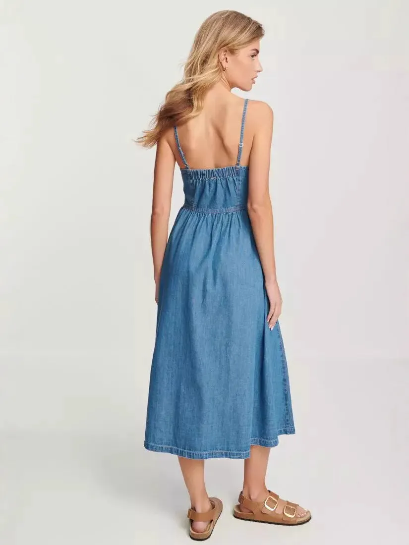 Spaghetti Strap Backless Denim Maxi Dress