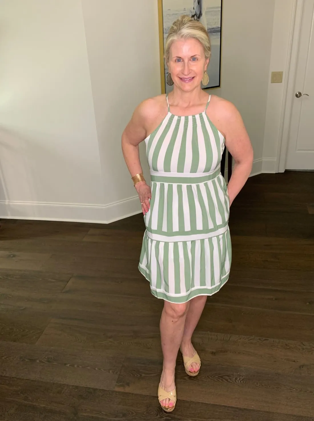 Stripe Halter Neck Spaghetti Strap Dress with Smocked Detail in Sage - FINAL SALE