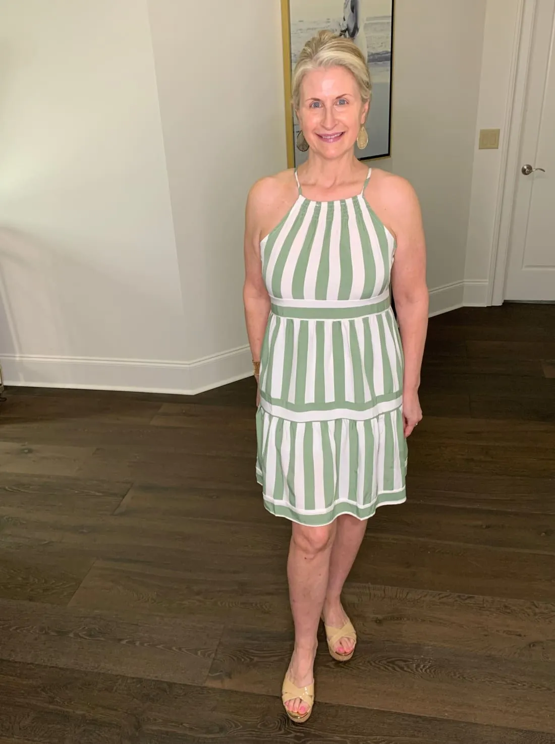 Stripe Halter Neck Spaghetti Strap Dress with Smocked Detail in Sage - FINAL SALE