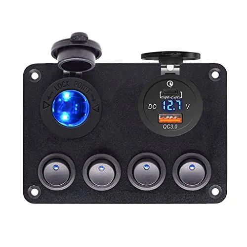 Switchtec 4 Gang Toggle Switch 12V Panel w/Quick Charge 3.0 USB Charger, Type C Blue led Voltmeter. All are Pre-Wired Marine Boat, Truck Vehicles, Automotive, Auto, RV