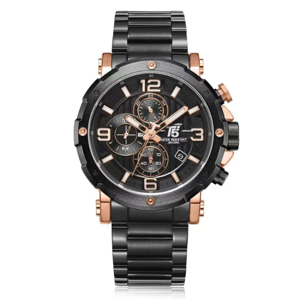 T5 Black Stainless Steel Black Dial Chronograph Quartz Watch for Gents - H3640G-D