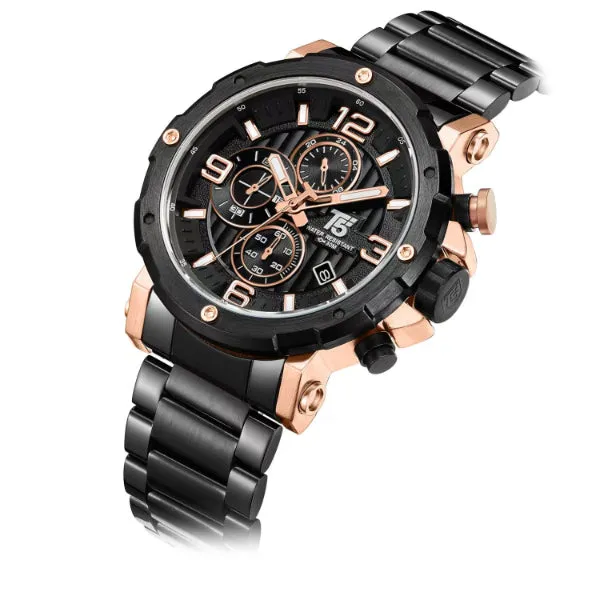 T5 Black Stainless Steel Black Dial Chronograph Quartz Watch for Gents - H3640G-D