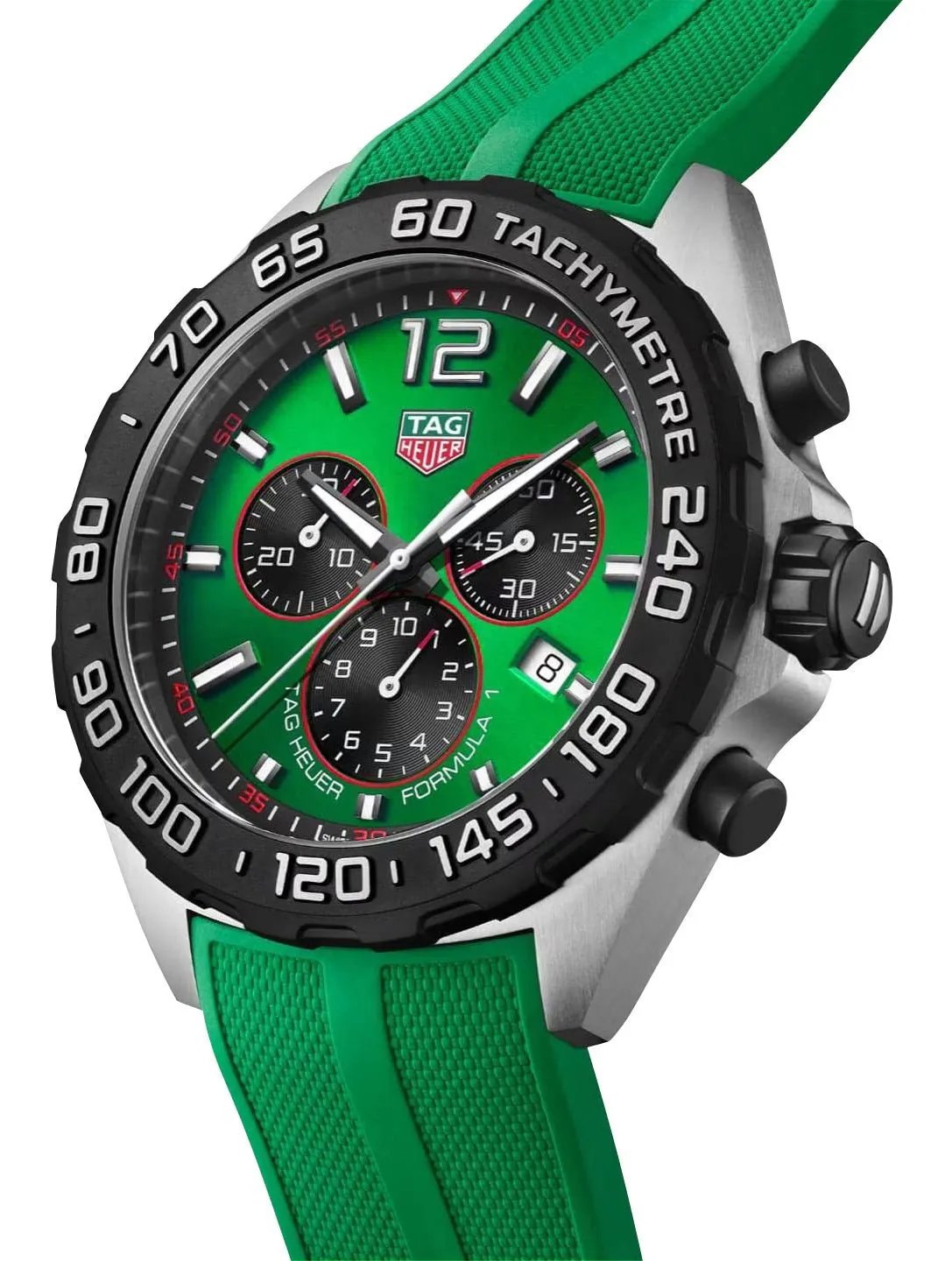 TAG Heuer Formula 1 Chronograph Stainless Steel Green Dial Green Rubber Strap Date Divers Quartz Mens Watch CAZ101AP.FT8056