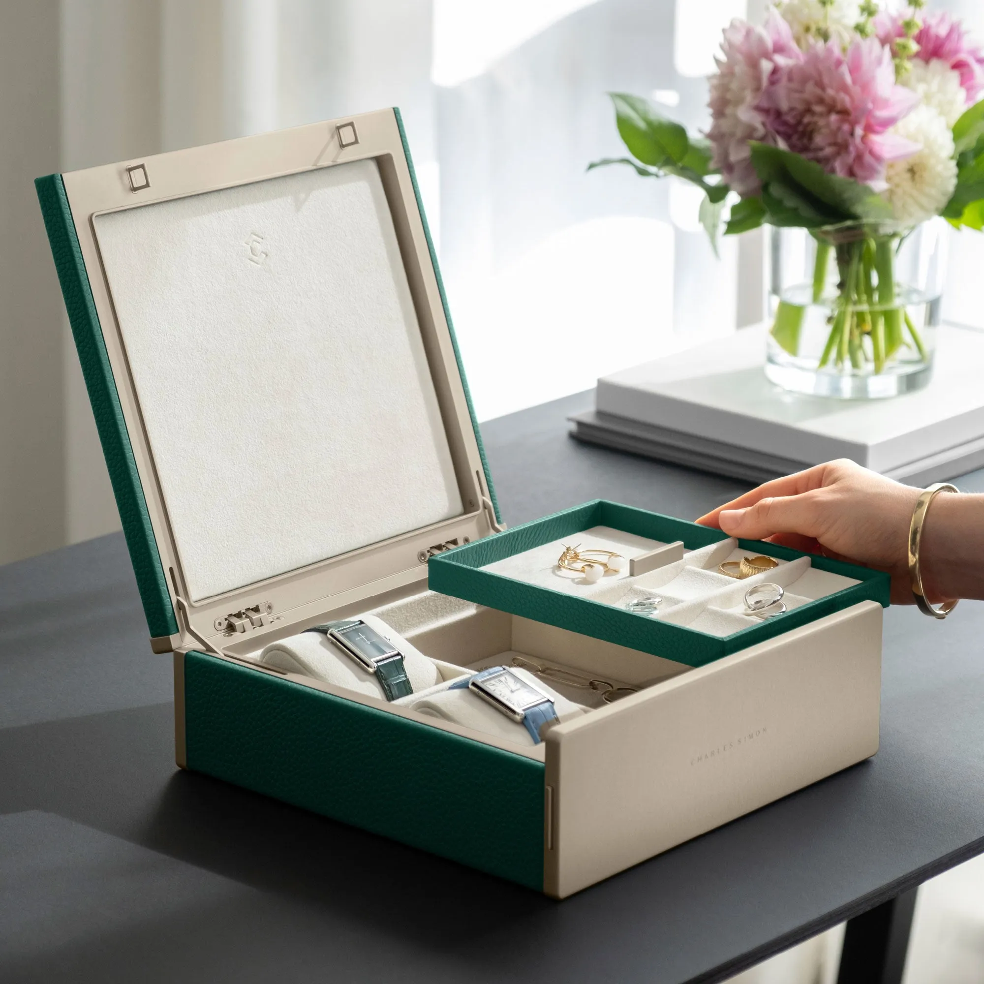 TAYLOR 2 WATCH AND JEWELRY BOX - EMERALD / CHAMPAGNE