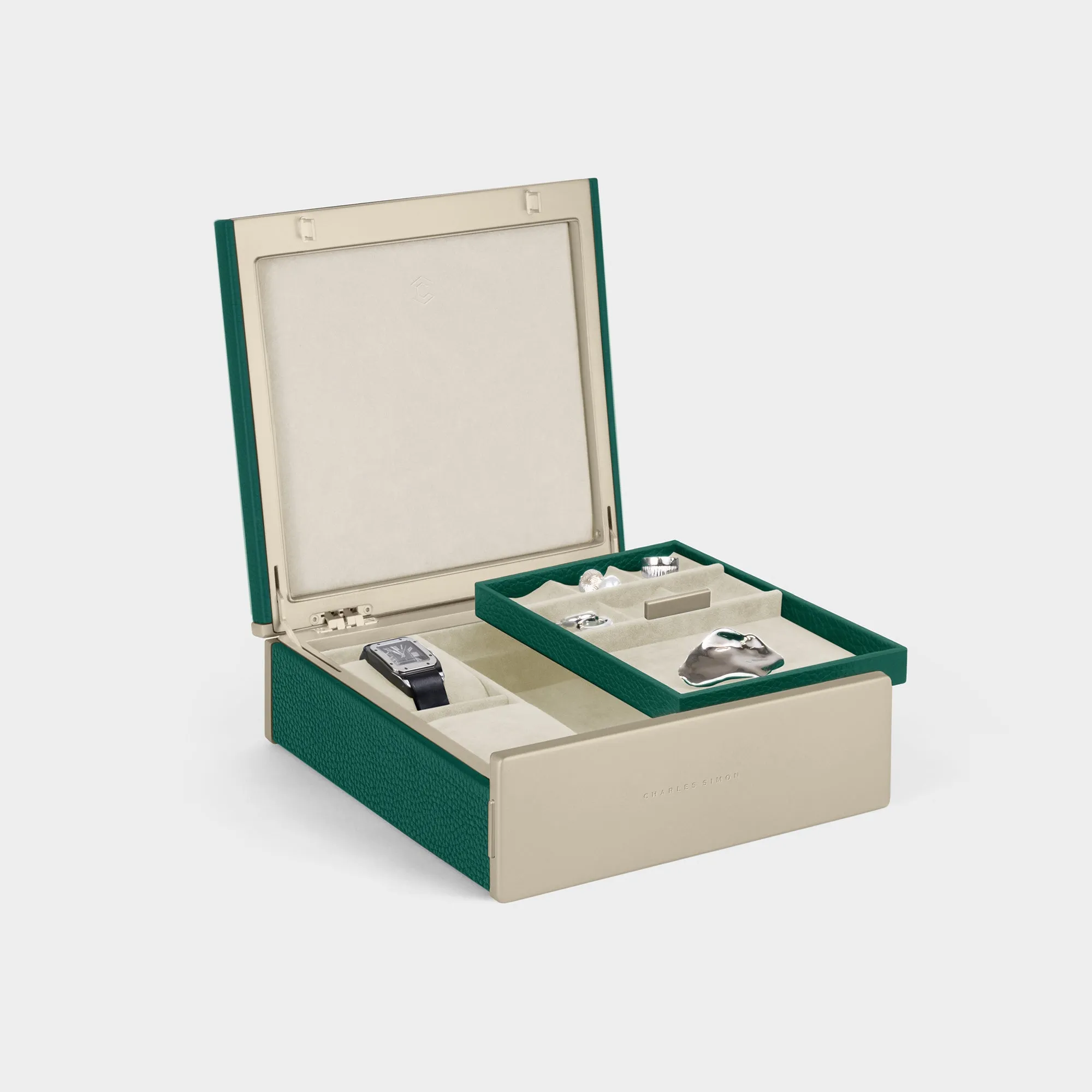 TAYLOR 2 WATCH AND JEWELRY BOX - EMERALD / CHAMPAGNE
