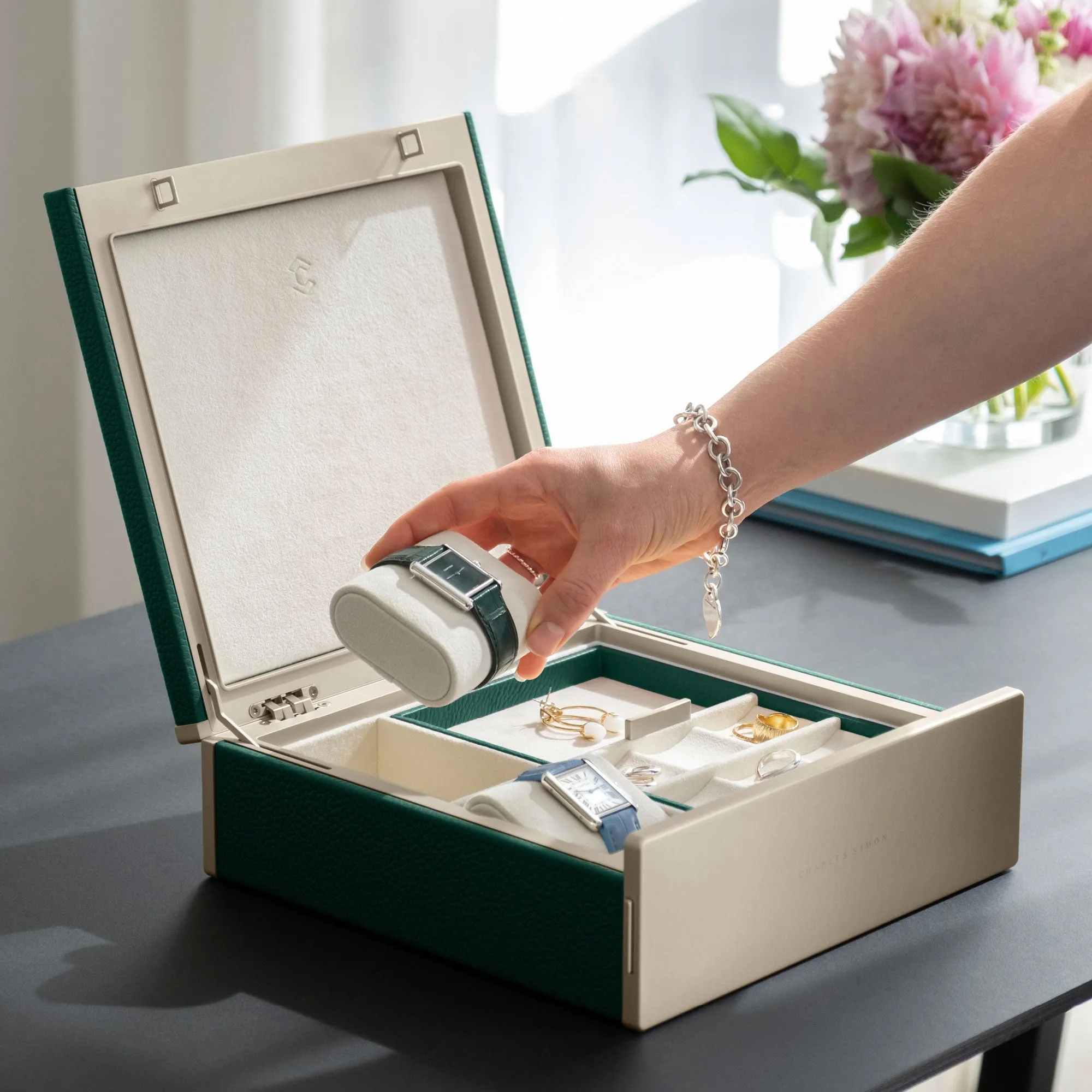 TAYLOR 2 WATCH AND JEWELRY BOX - EMERALD / CHAMPAGNE