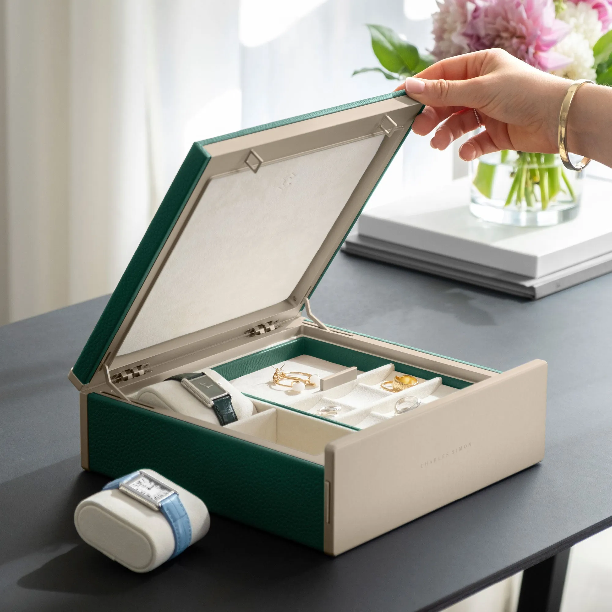 TAYLOR 2 WATCH AND JEWELRY BOX - EMERALD / CHAMPAGNE