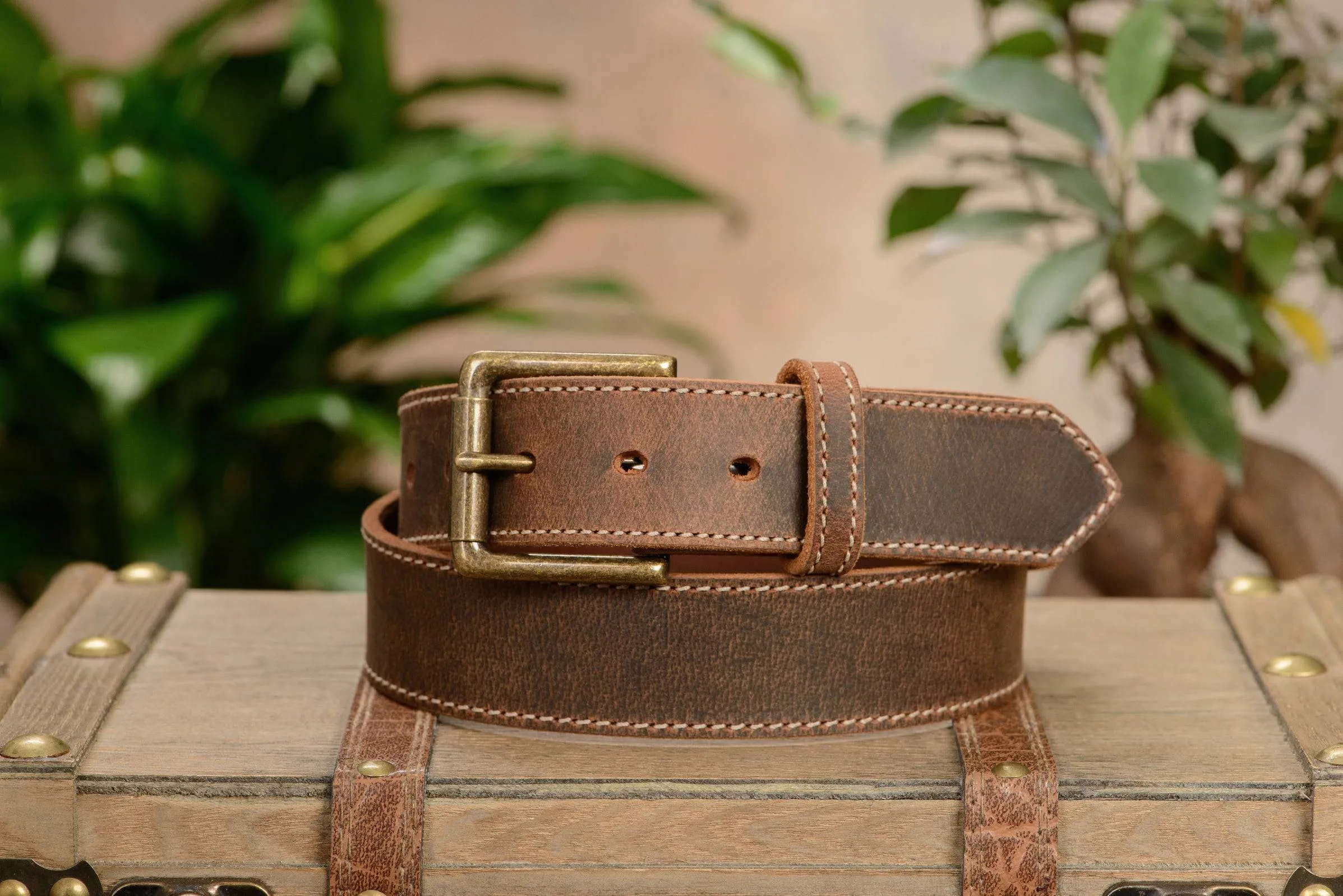 The Crazy Horse: Men's Rustic Brown Stitched Leather Belt 1.50" (Wheat Colored Thread)