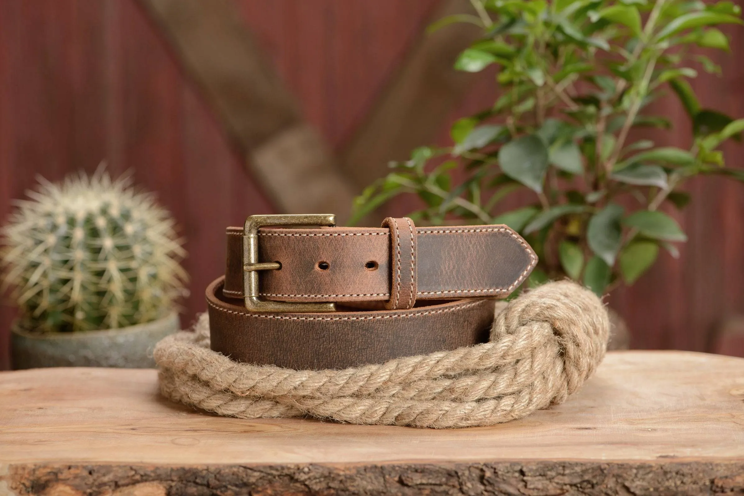 The Crazy Horse: Men's Rustic Brown Stitched Leather Belt 1.50" (Wheat Colored Thread)