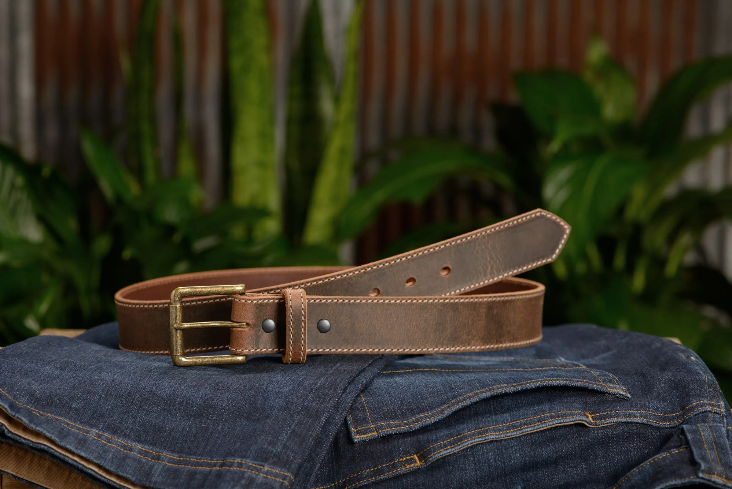 The Crazy Horse: Men's Rustic Brown Stitched Leather Belt 1.50" (Wheat Colored Thread)
