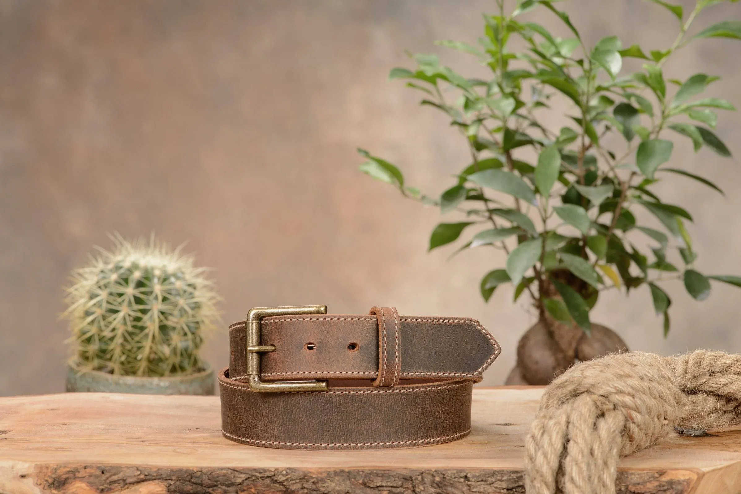 The Crazy Horse: Men's Rustic Brown Stitched Leather Belt 1.50" (Wheat Colored Thread)