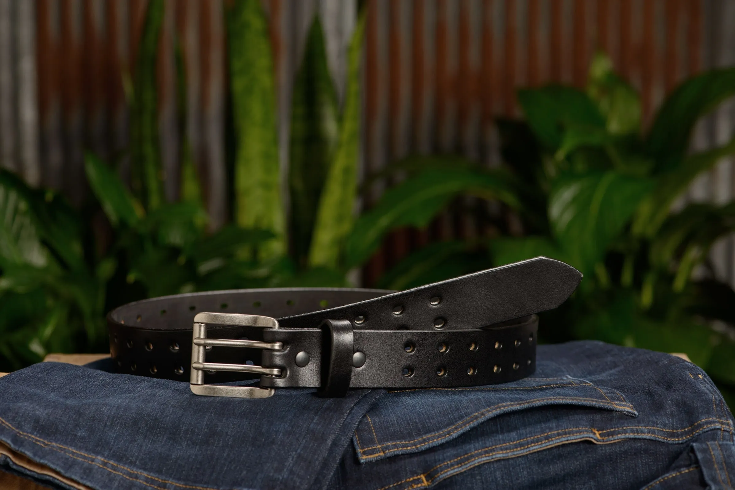 The Holey Bull: Men's Black Non Stitched Double Prong Leather Belt With Nickel Roller 1.50"