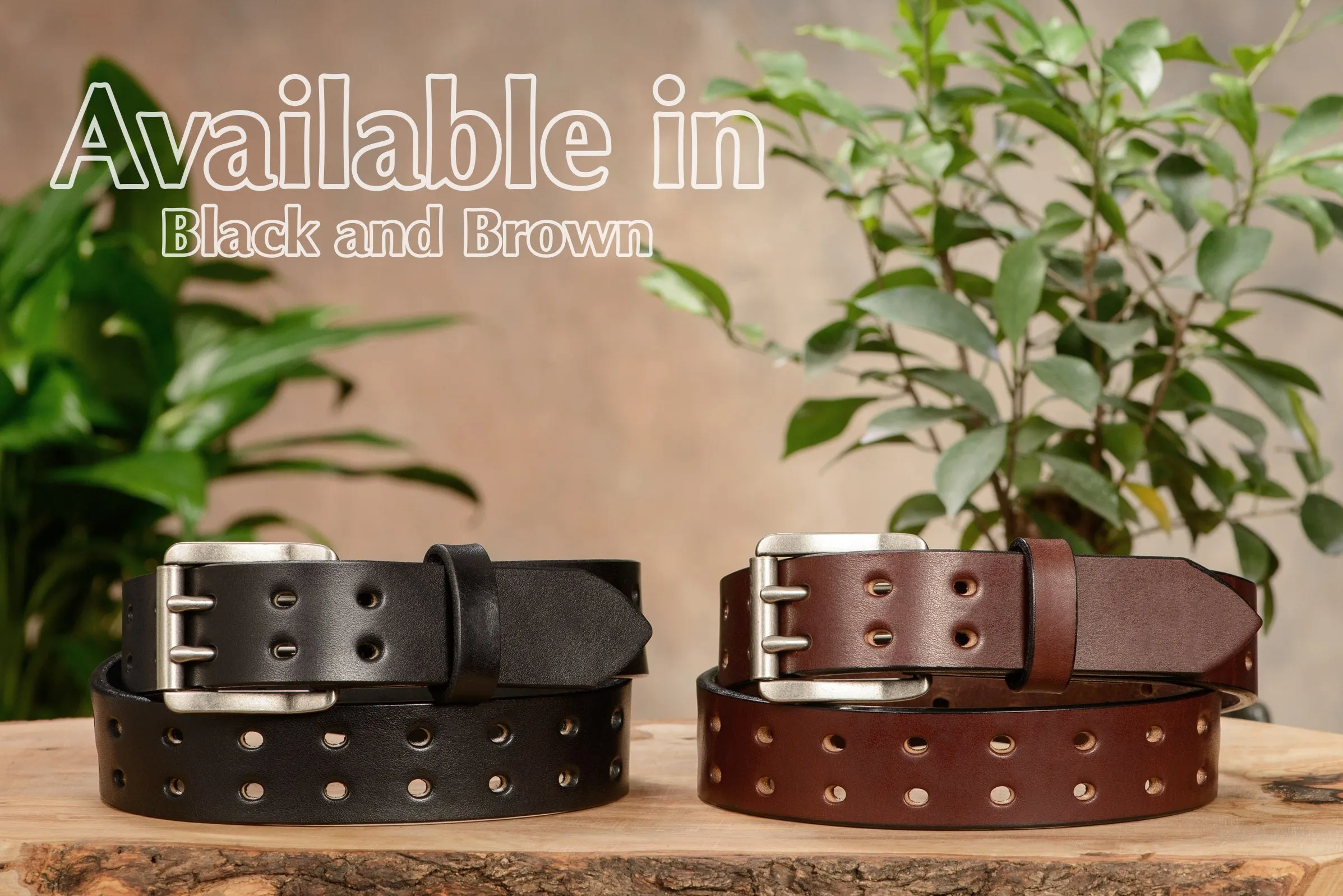 The Holey Bull: Men's Black Non Stitched Double Prong Leather Belt With Nickel Roller 1.50"
