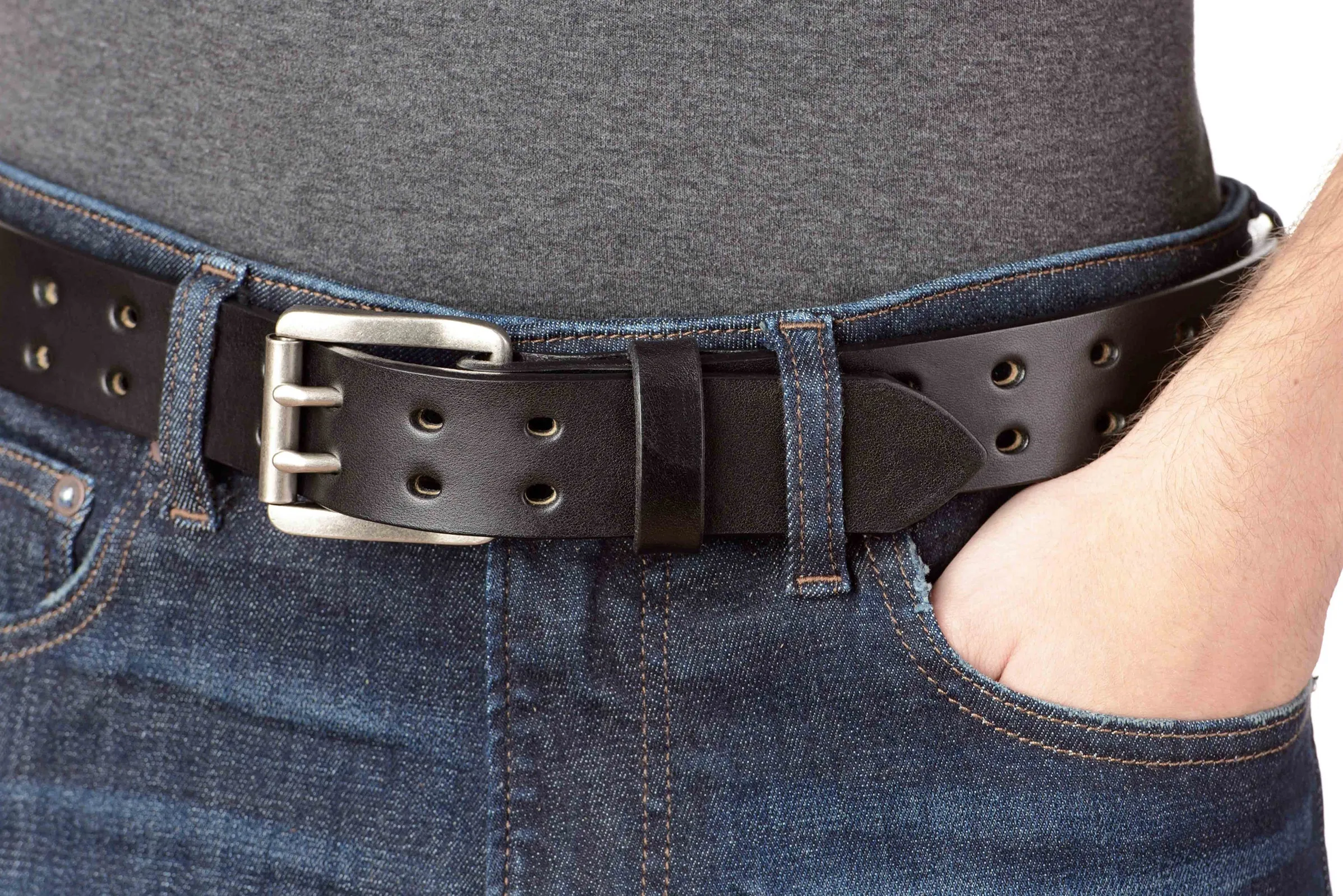 The Holey Bull: Men's Black Non Stitched Double Prong Leather Belt With Nickel Roller 1.50"