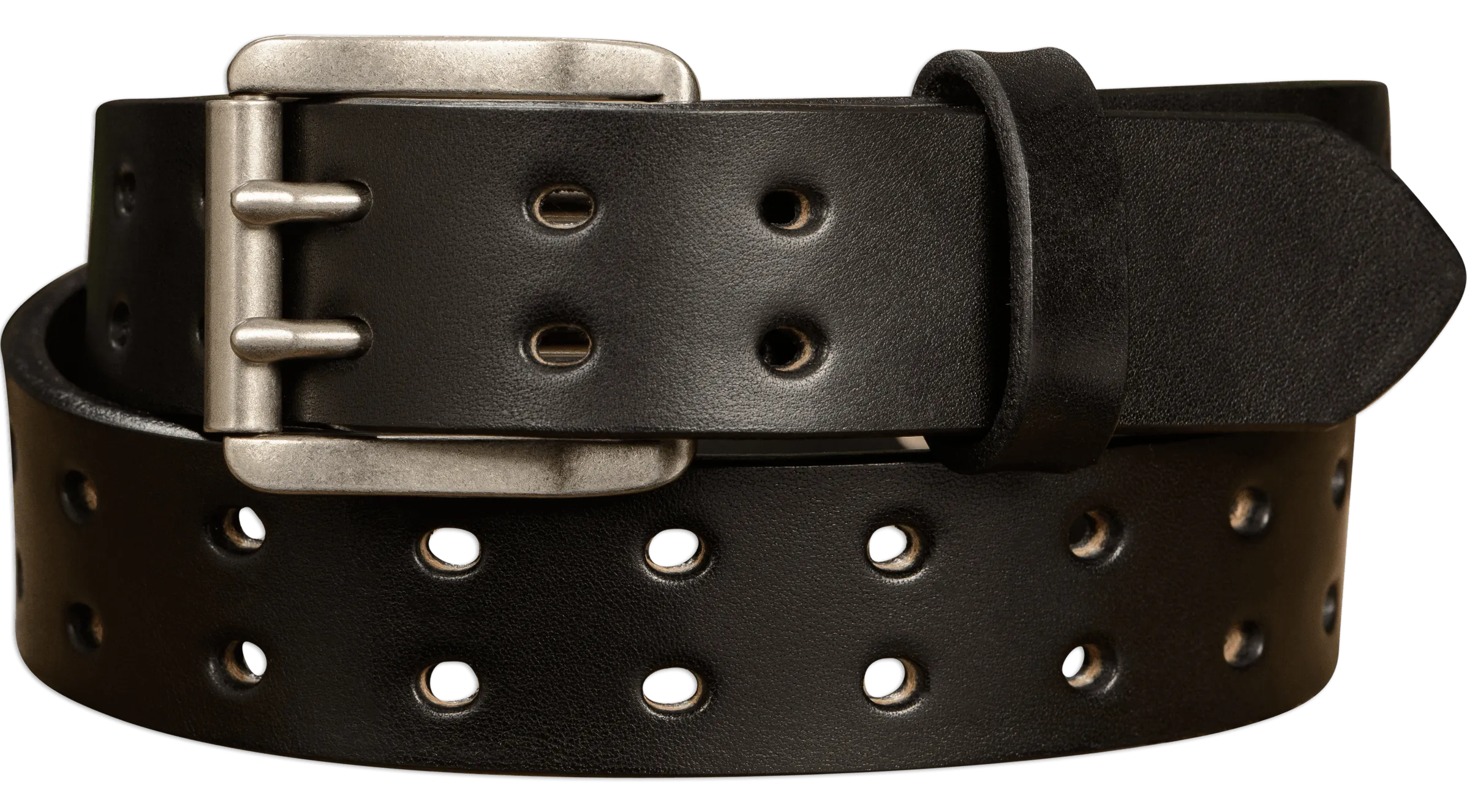The Holey Bull: Men's Black Non Stitched Double Prong Leather Belt With Nickel Roller 1.50"