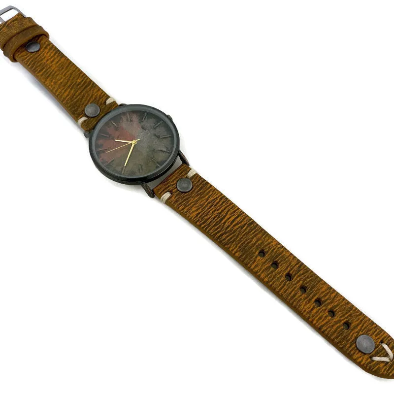 Three Tone Dial Watch with Leather Band