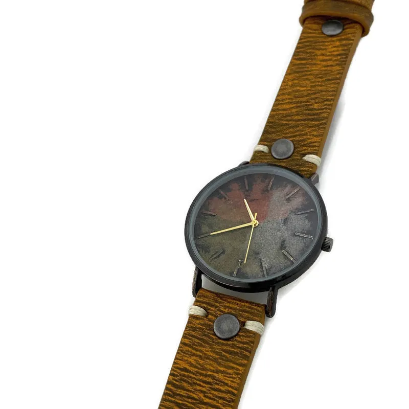 Three Tone Dial Watch with Leather Band
