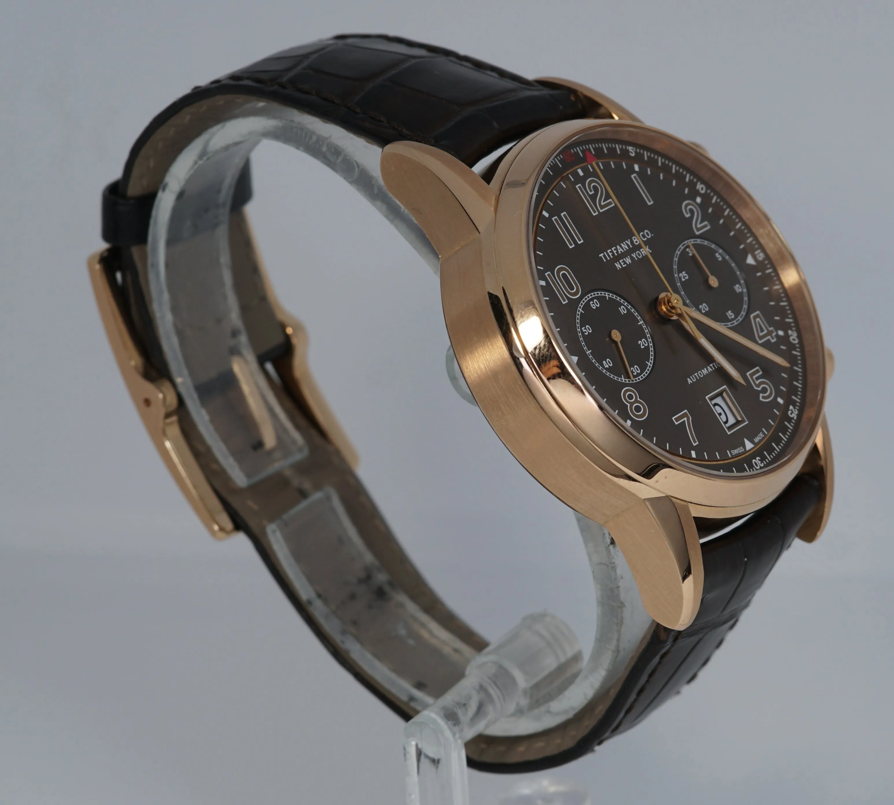 Tiffany & Co. CT60 Chronograph 42mm 18K Rose Red Gold Brown Leather Date Watch