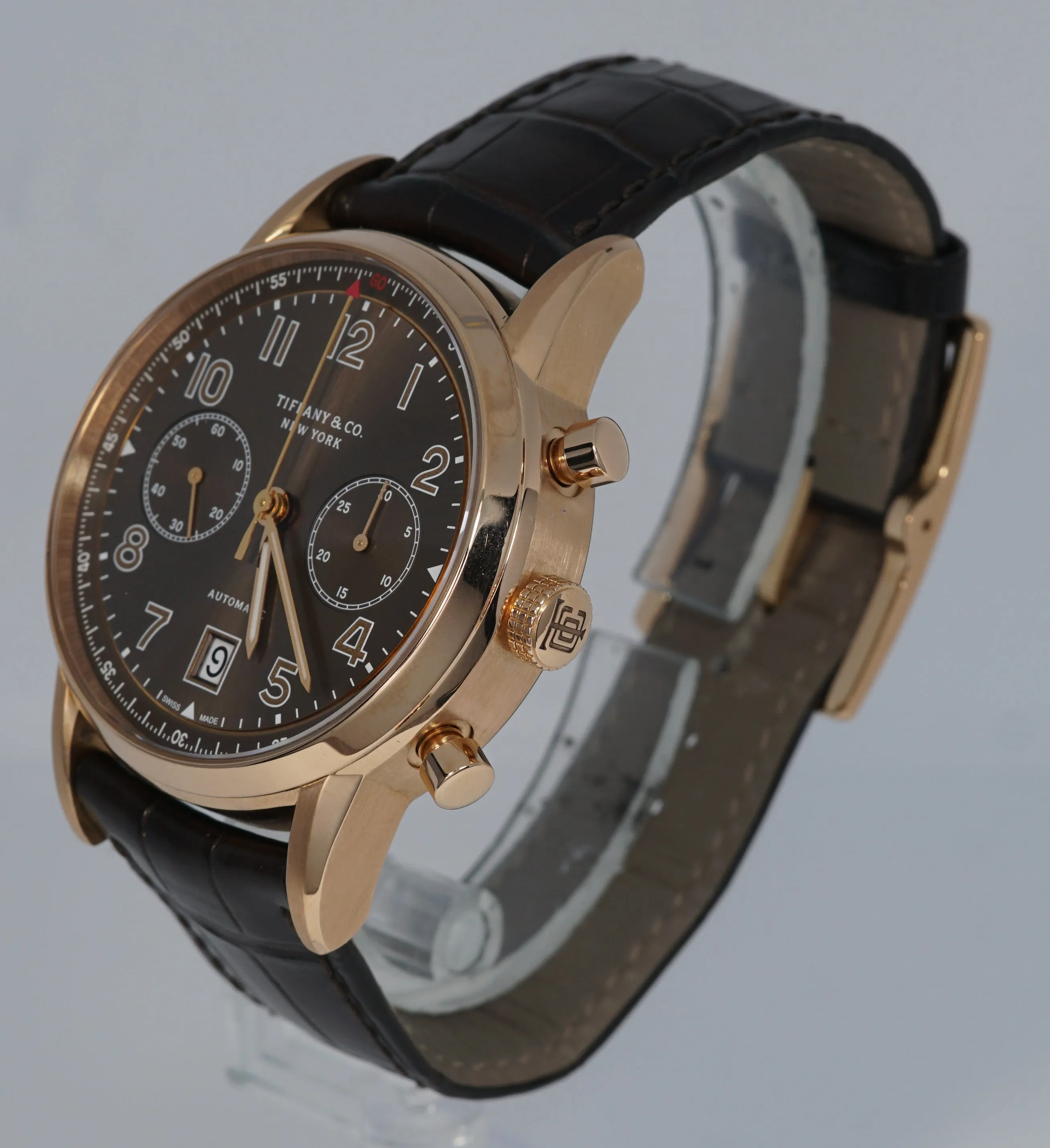 Tiffany & Co. CT60 Chronograph 42mm 18K Rose Red Gold Brown Leather Date Watch