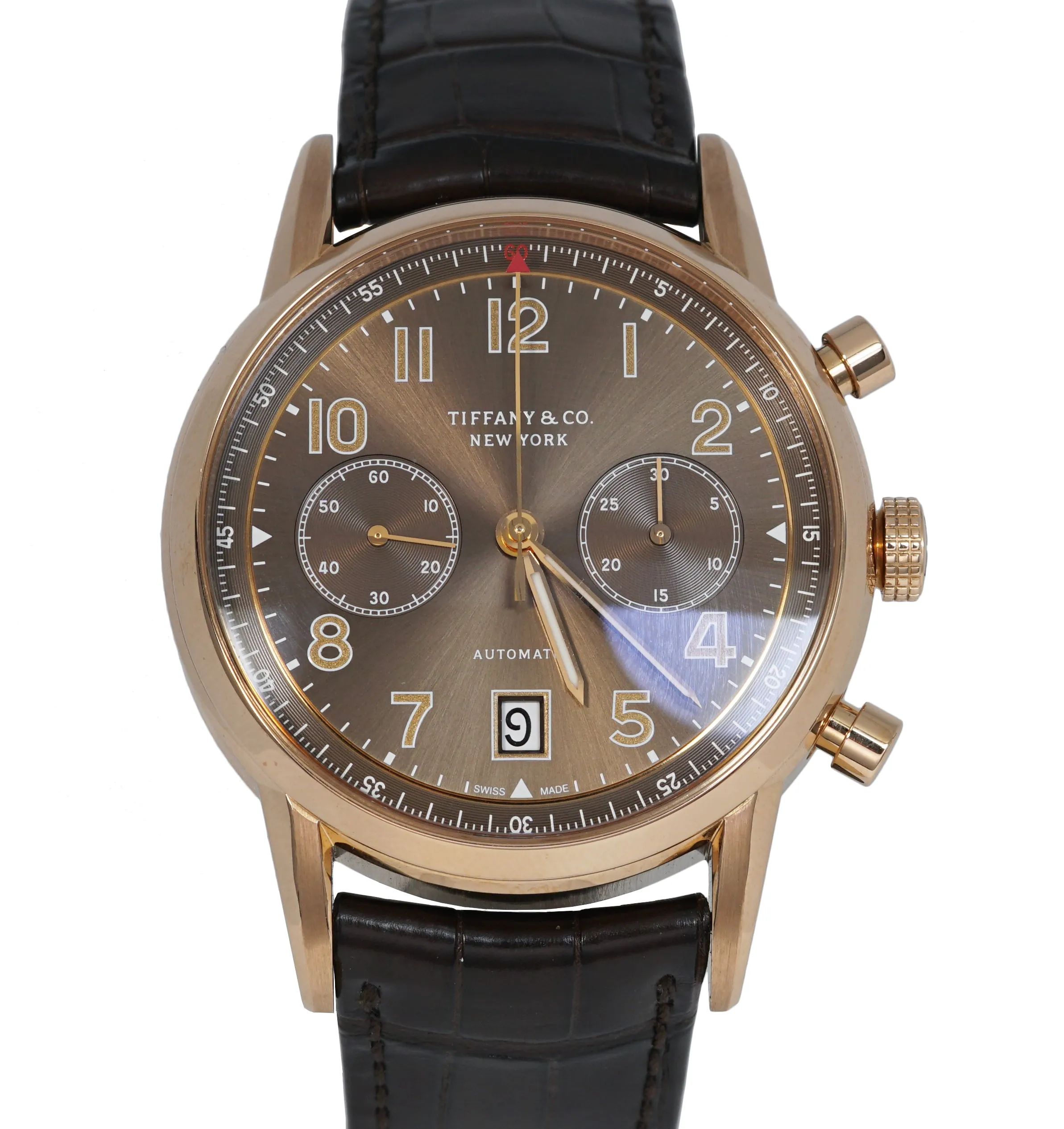 Tiffany & Co. CT60 Chronograph 42mm 18K Rose Red Gold Brown Leather Date Watch
