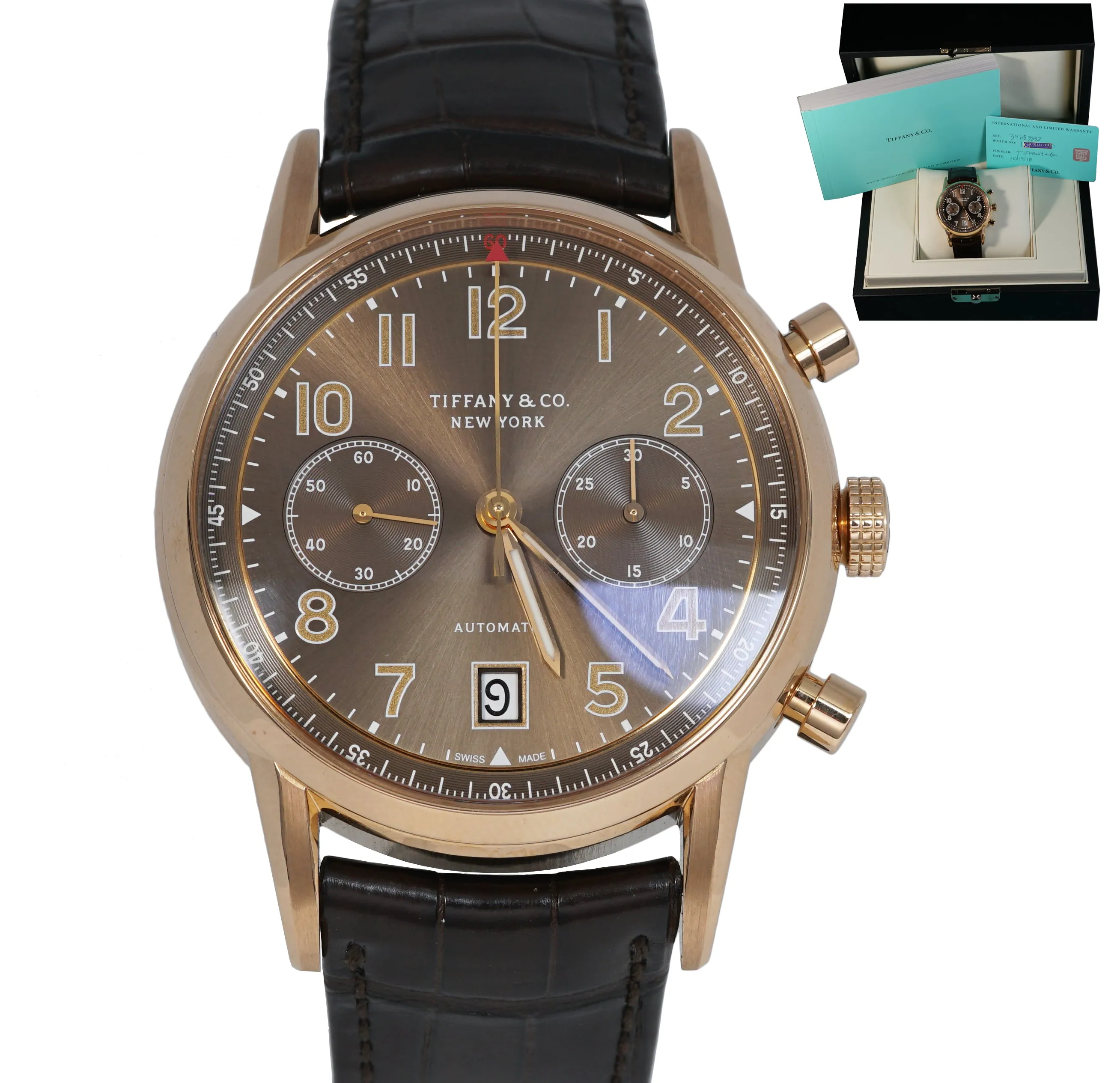 Tiffany & Co. CT60 Chronograph 42mm 18K Rose Red Gold Brown Leather Date Watch