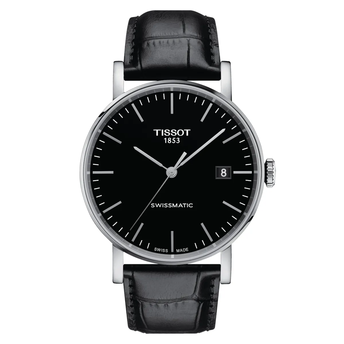 Tissot Everytime Mens Stainless Steel Black Dial Black Leather Strap Watch