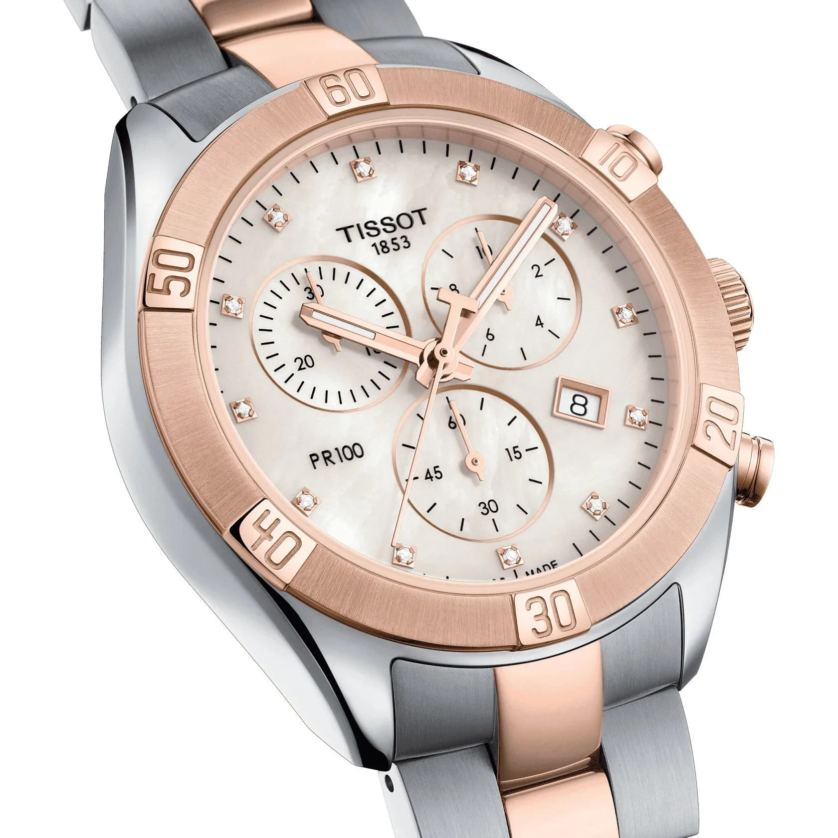 Tissot PR 100 Sport Chic Chronograph Ladies Two Tone Mother of Pearl and Diamond Dial Watch