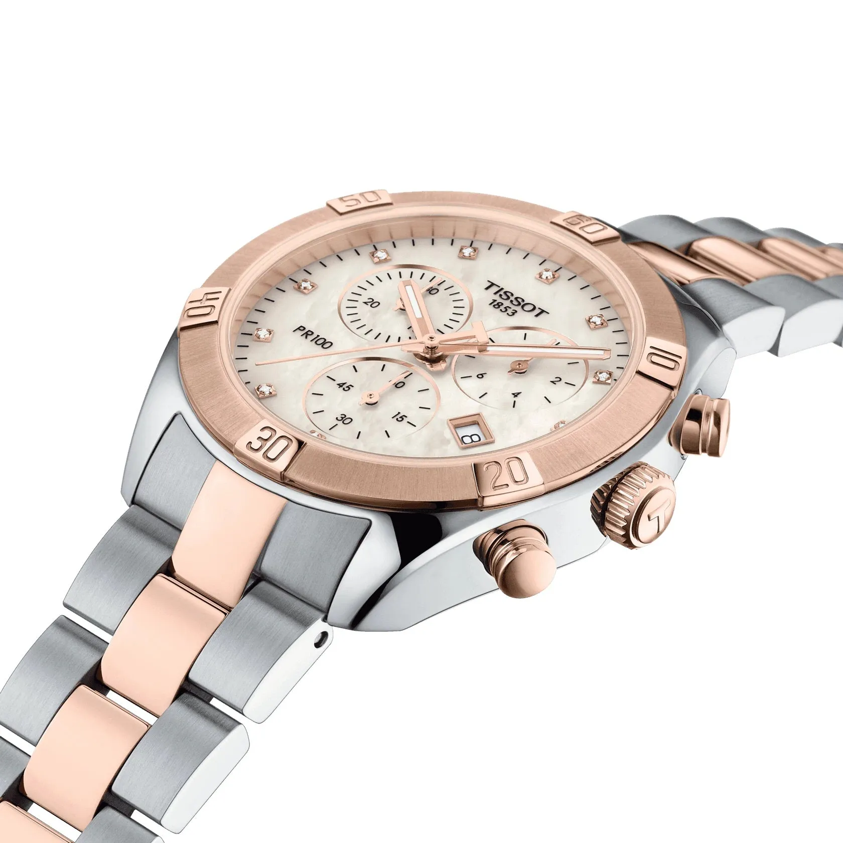 Tissot PR 100 Sport Chic Chronograph Ladies Two Tone Mother of Pearl and Diamond Dial Watch