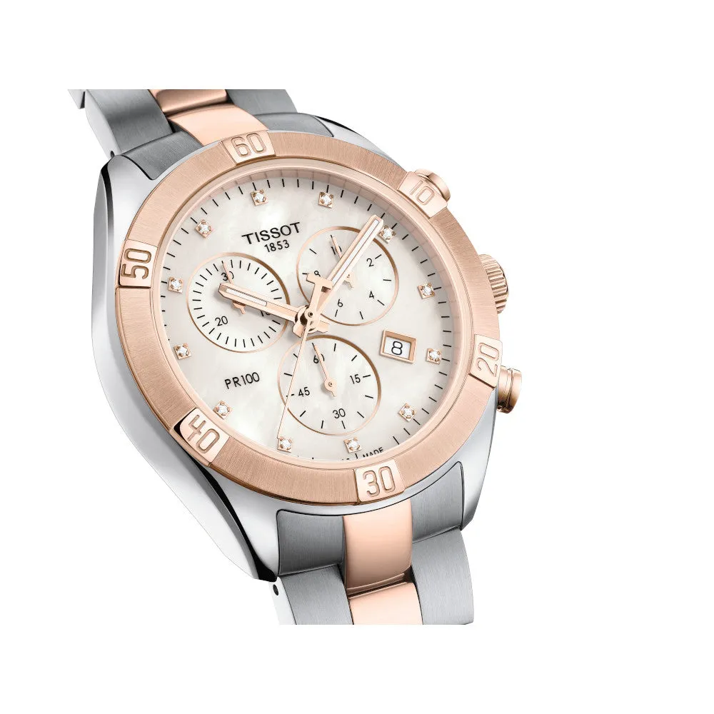 Tissot PR 100 Sport Chic Chronograph Ladies Two Tone Mother of Pearl and Diamond Dial Watch