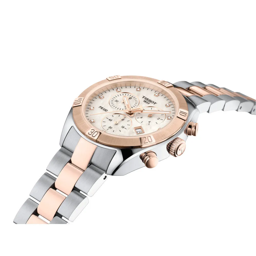 Tissot PR 100 Sport Chic Chronograph Ladies Two Tone Mother of Pearl and Diamond Dial Watch