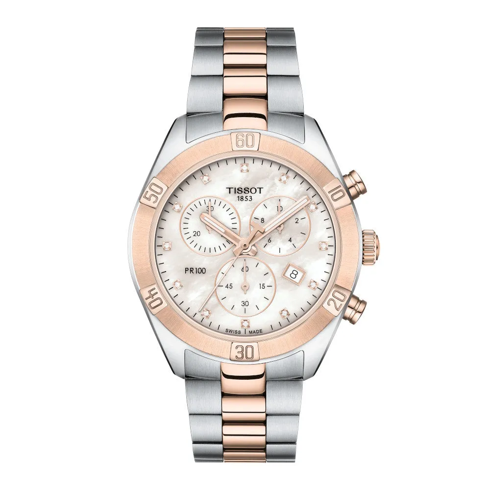 Tissot PR 100 Sport Chic Chronograph Ladies Two Tone Mother of Pearl and Diamond Dial Watch