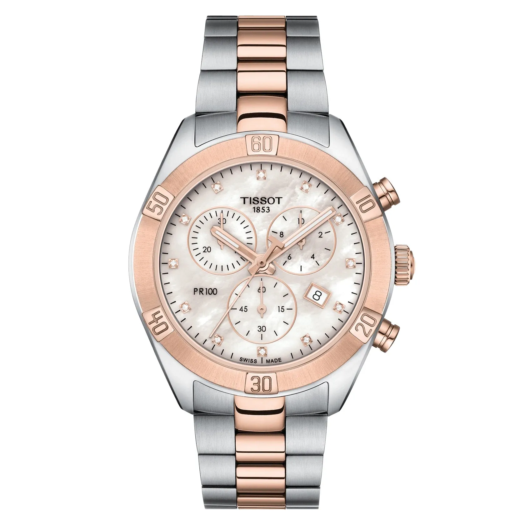 Tissot PR 100 Sport Chic Chronograph Ladies Two Tone Mother of Pearl and Diamond Dial Watch