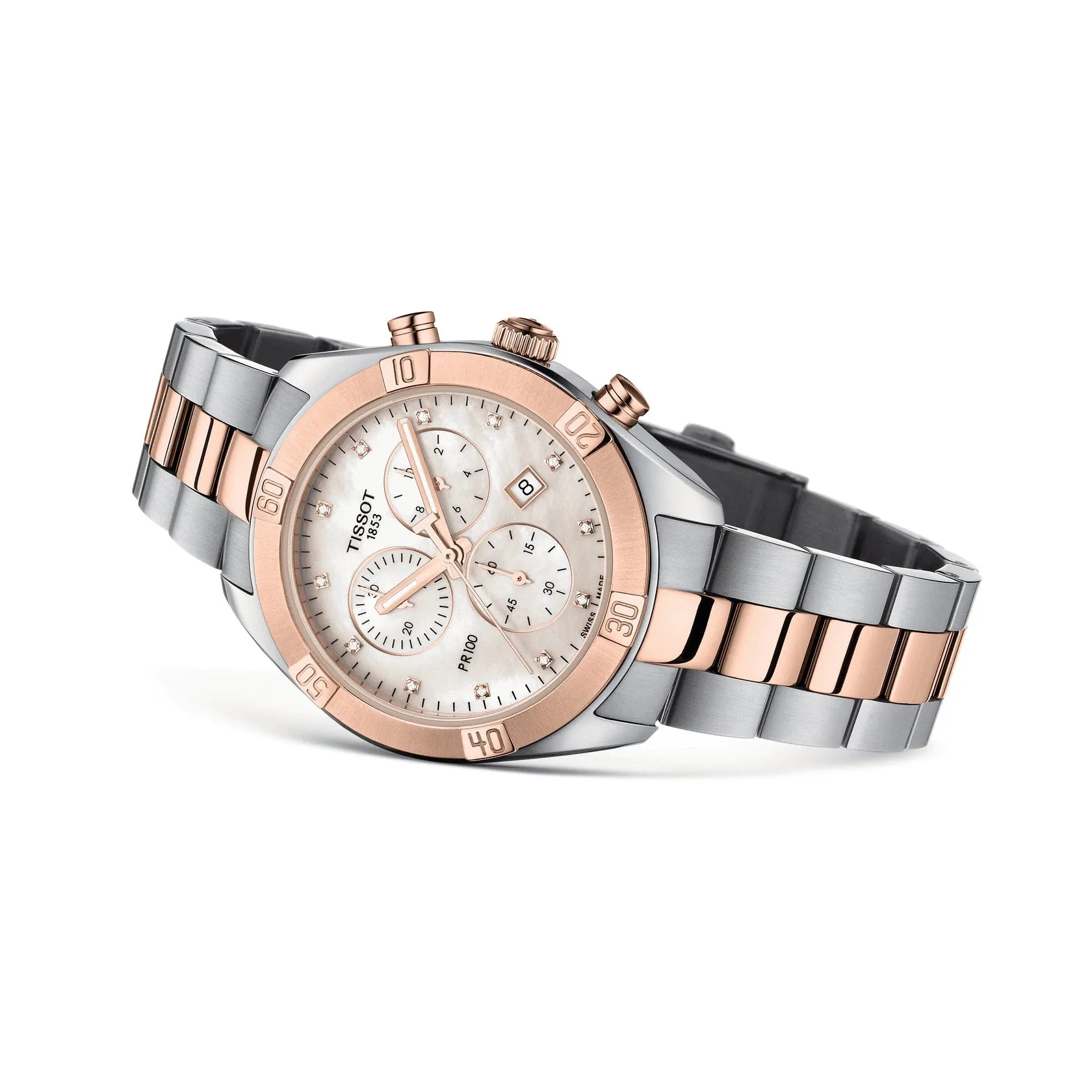 Tissot PR 100 Sport Chic Chronograph Ladies Two Tone Mother of Pearl and Diamond Dial Watch