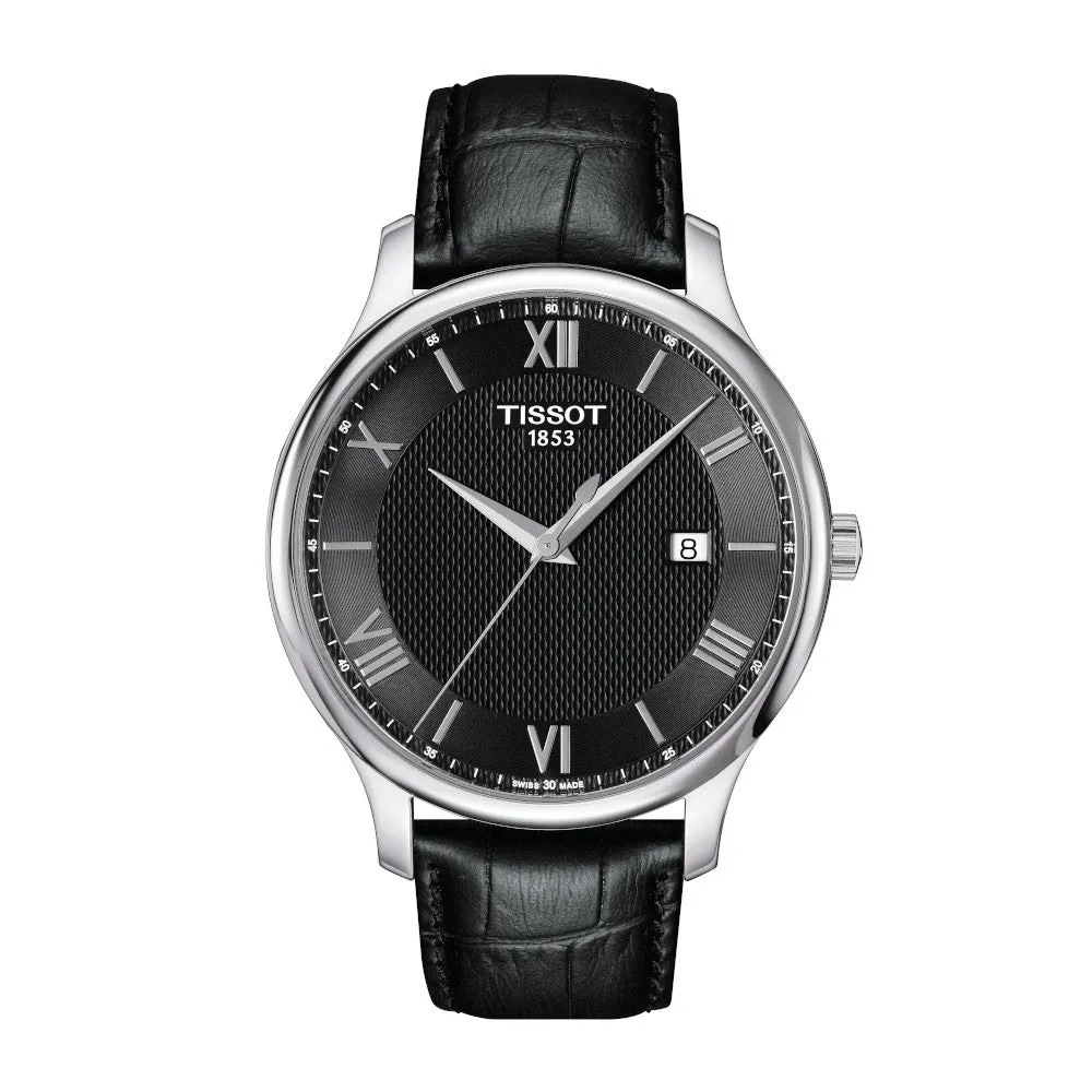Tissot Tradition Mens Stainless Steel Black Dial Black Leather Strap Watch