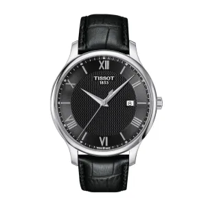Tissot Tradition Mens Stainless Steel Black Dial Black Leather Strap Watch