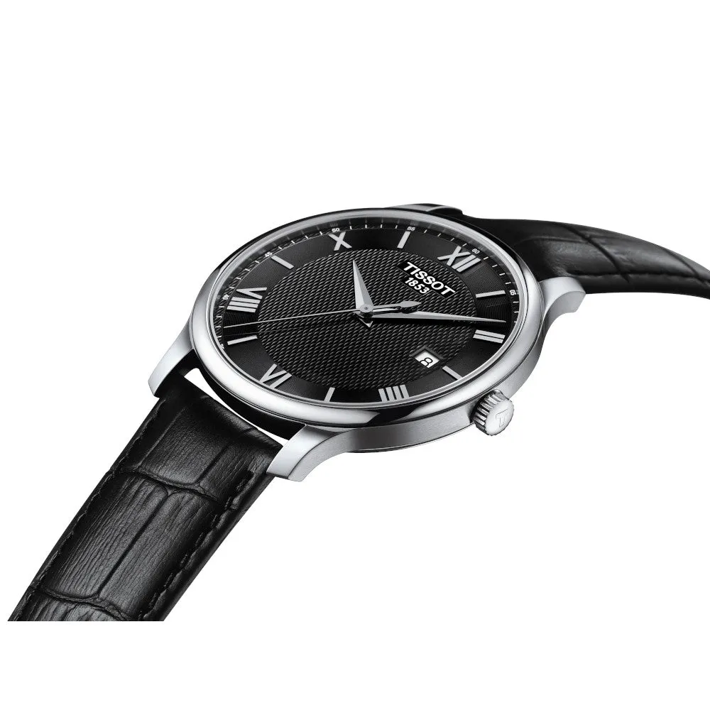 Tissot Tradition Mens Stainless Steel Black Dial Black Leather Strap Watch