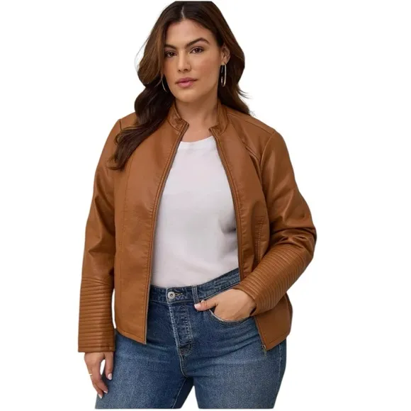 Torrid Faux Leather Collarless Moto Jacket 3X Cognac Tan Brown