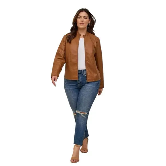 Torrid Faux Leather Collarless Moto Jacket 3X Cognac Tan Brown